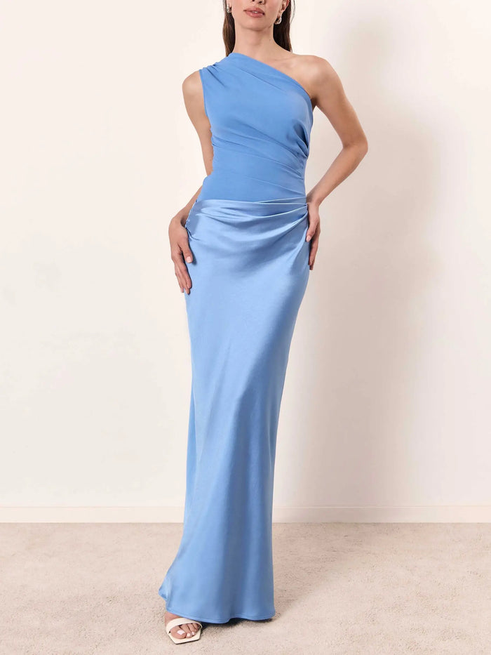 Elegant women's pleated maxi dress with asymmetric one-shoulder design, perfect for summer occasions, by LondonLaneStore.