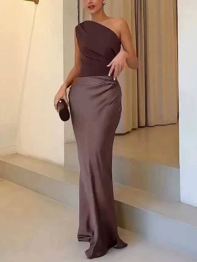 Women's pleated maxi dress with an asymmetric one-shoulder design, elegant summer gown, LondonLaneStore.