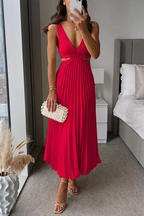 Women’s pleated polyester midi dress with flowing V-neck design, perfect for summer, featuring an elegant, lightweight silhouette.