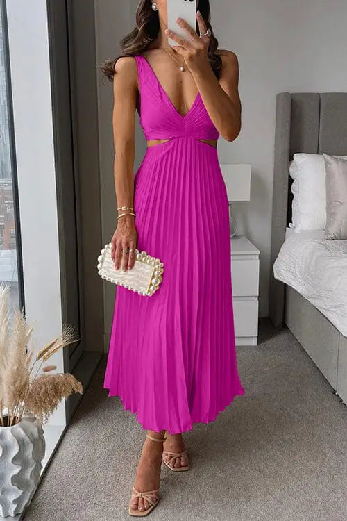 Women’s pleated polyester midi dress with V-neck, flowing design, perfect for summer, from LondonLaneStore.