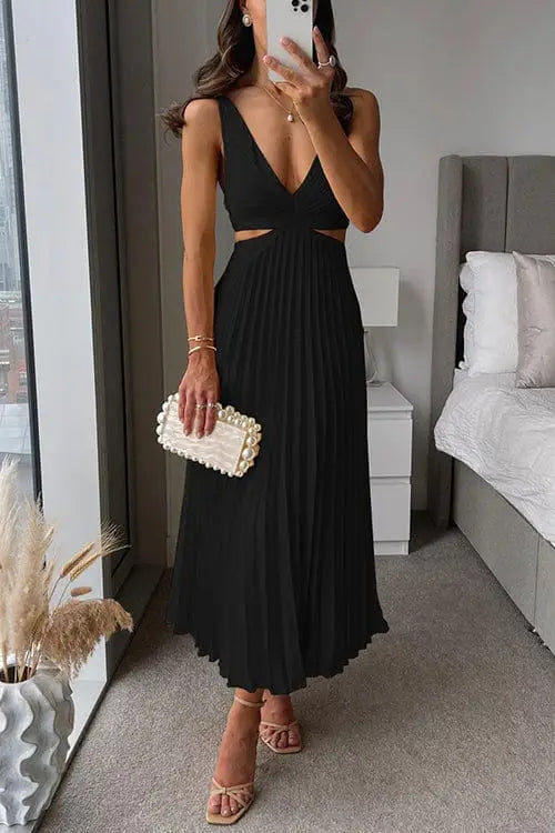 Women's pleated polyester midi dress with flowing V-neck design, perfect for summer, in a stylish and elegant silhouette.
