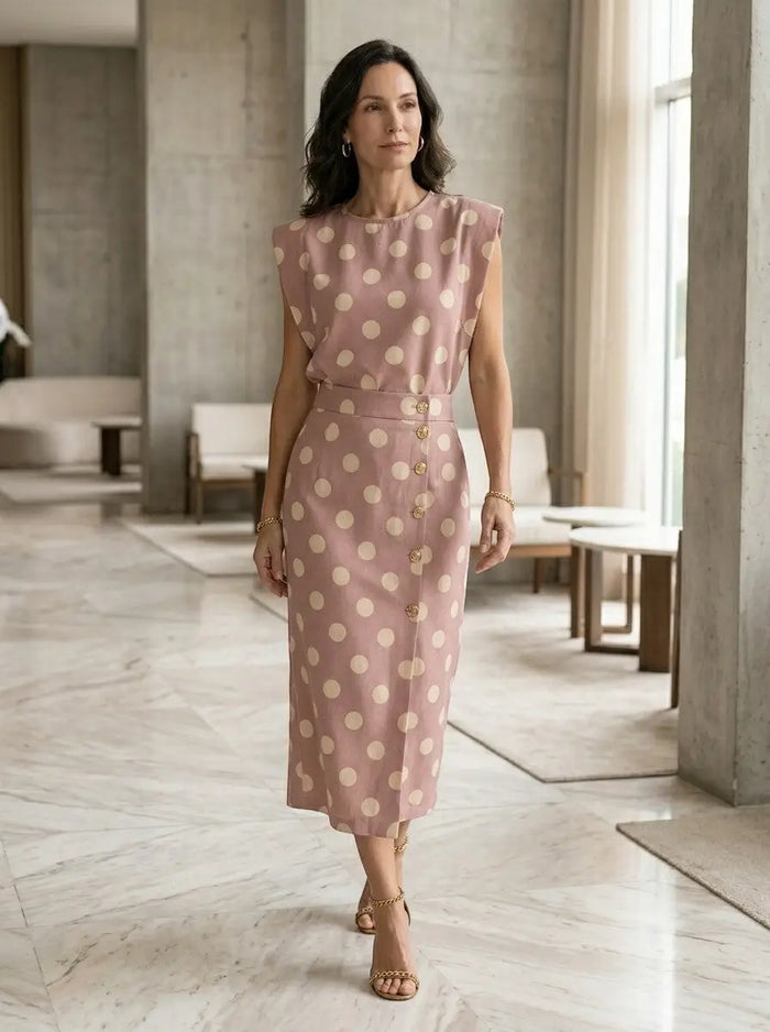 Women's polka dot print two-piece dress with tailored sleeveless top and high-waist midi skirt from LondonLaneStore.