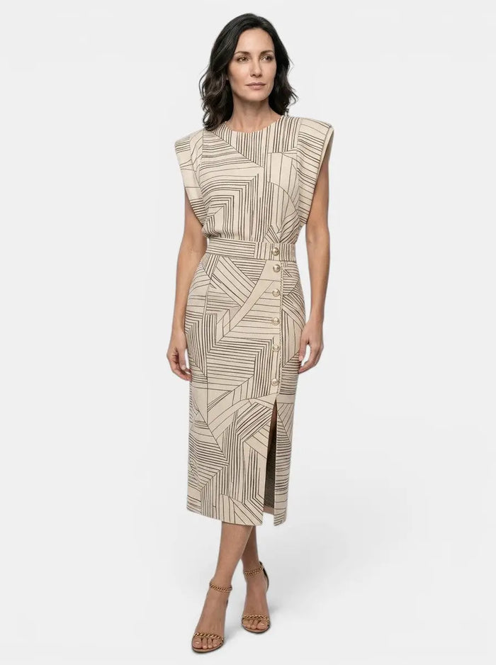 Women's polka dot print two-piece set with tailored sleeveless top and high-waist midi skirt from LondonLaneStore.