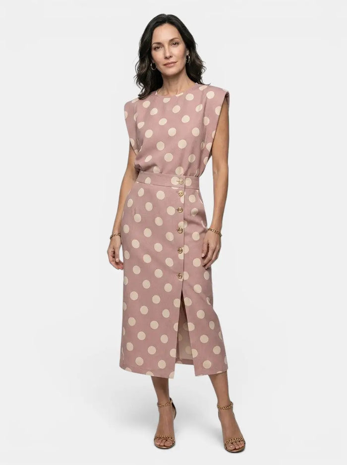 Women's polka dot print two-piece set by LondonLaneStore featuring a tailored sleeveless top and high-waist midi skirt.