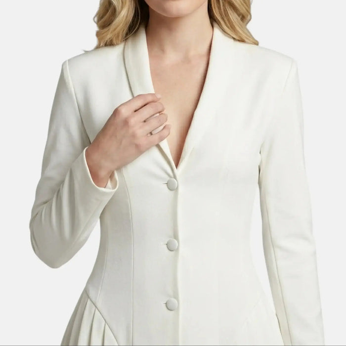 Women's white blazer mini dress by LondonLaneStore, elegant tailored cocktail dress with a sleek, fitted design and stylish collar.
