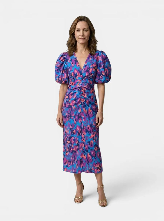 Women's printed midi dress with puff sleeves, stylish summer dress from LondonLaneStore featuring an elegant design and vibrant pattern.