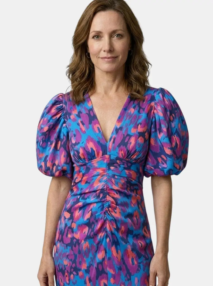 Women's printed midi dress with puff sleeves from LondonLaneStore, perfect for summer, featuring an elegant and stylish design.