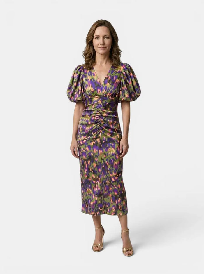 Women's printed midi dress by LondonLaneStore with puff sleeves, perfect for summer, featuring a stylish and elegant design.