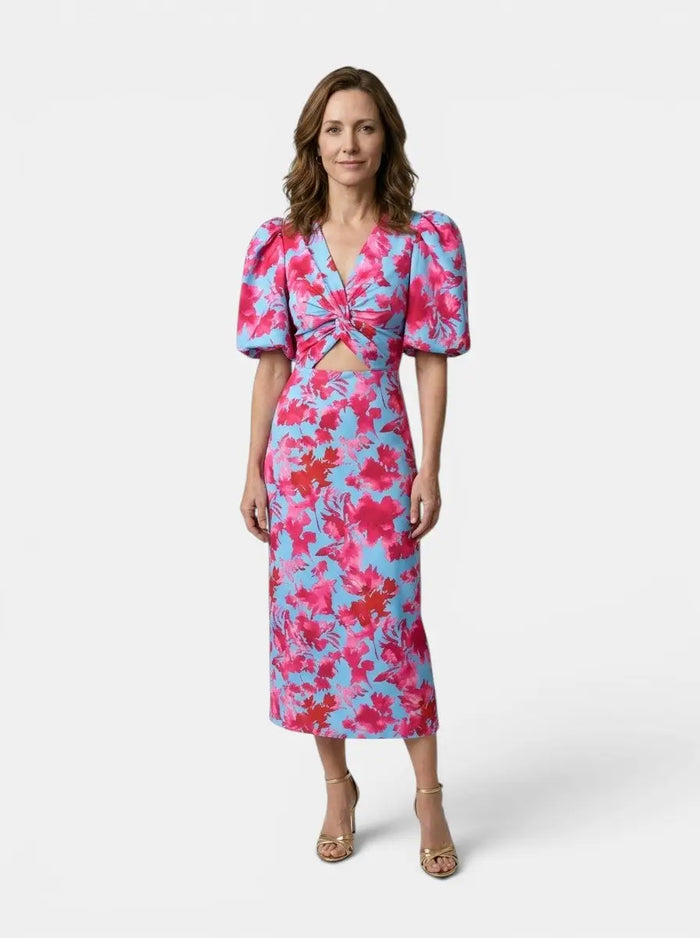 Women's printed midi dress with puff sleeves from LondonLaneStore, perfect for summer, featuring an elegant and stylish design.