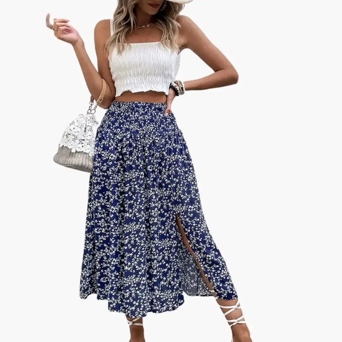 Women's printed woven midi skirt with A-line design and side split, stylish and comfortable for everyday wear.