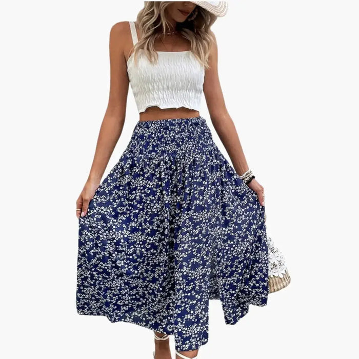 Women's printed woven midi skirt with stylish A-line design and side split, perfect for casual or dressy occasions.