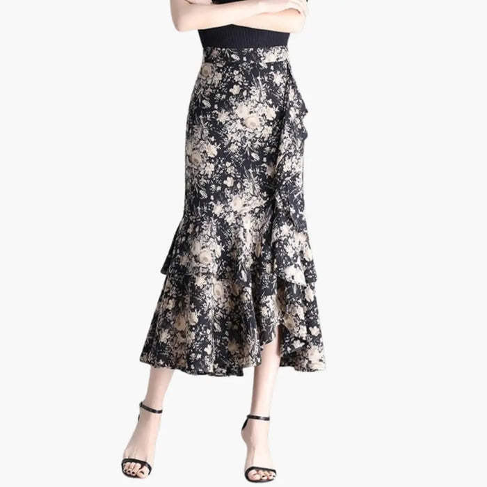 Women's printed woven midi skirt with straight cut and side split, stylish design from LondonLaneStore.