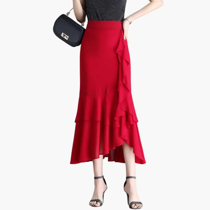 Women's printed woven midi skirt with straight cut and side split, featuring stylish design and vibrant pattern from LondonLaneStore.