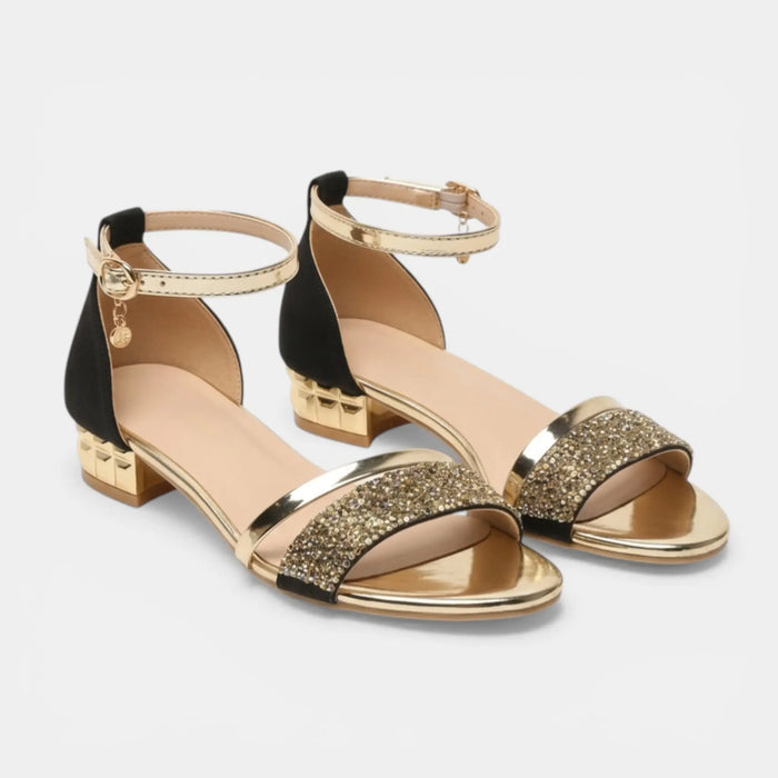 Women's PU leather open toe sandals with ankle strap and block heels, stylish footwear from LondonLaneStore.