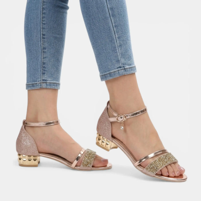 Women's PU leather open toe sandals with ankle strap and block heels, stylish footwear by LondonLaneStore.