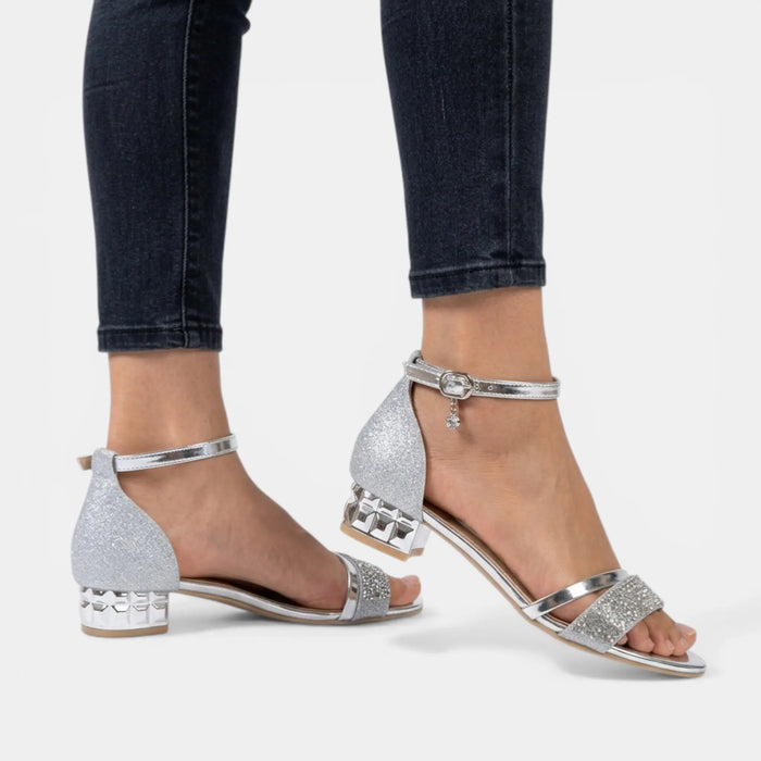 Women's PU leather open toe sandals with ankle strap and block heels, stylish footwear by LondonLaneStore.