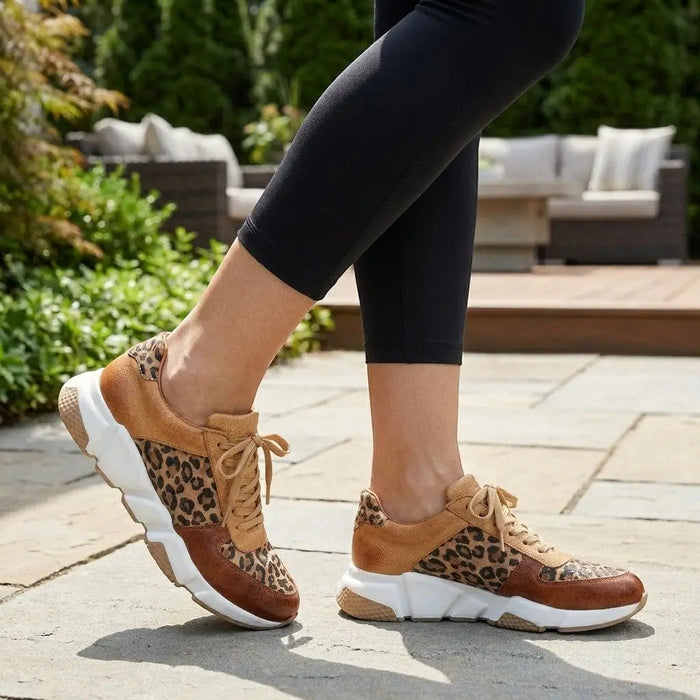 Women's PU leopard print sneakers with chunky sole, stylish orthopedic casual shoes from LondonLaneStore.