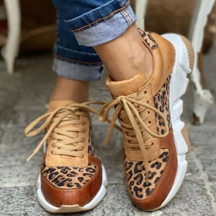 Women’s PU leopard print sneakers by LondonLaneStore, stylish and comfortable orthopedic spring shoes with trendy leopard pattern.