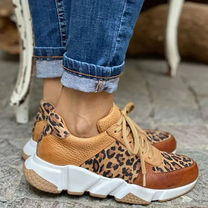 Women’s PU leopard print sneakers by LondonLaneStore, stylish and comfortable orthopedic spring shoes with trendy animal print design.