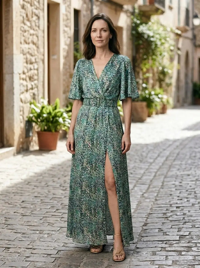 Women's rayon maxi dress with V-neck and split hem, elegant summer dress in a vibrant design by LondonLaneStore