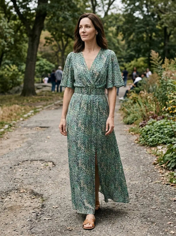 Women's rayon maxi dress with V-neck and split hem, elegant summer dress in lightweight fabric, by LondonLaneStore.