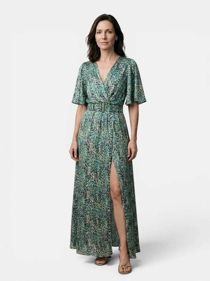Women's rayon maxi dress with an elegant V-neck and split hem, perfect for summer, by LondonLaneStore.
