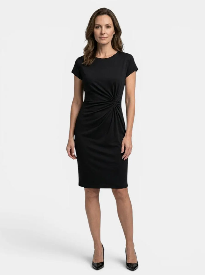 Elegant women's bodycon midi dress with rich fabric and sculpted wrap design, perfect for formal occasions.