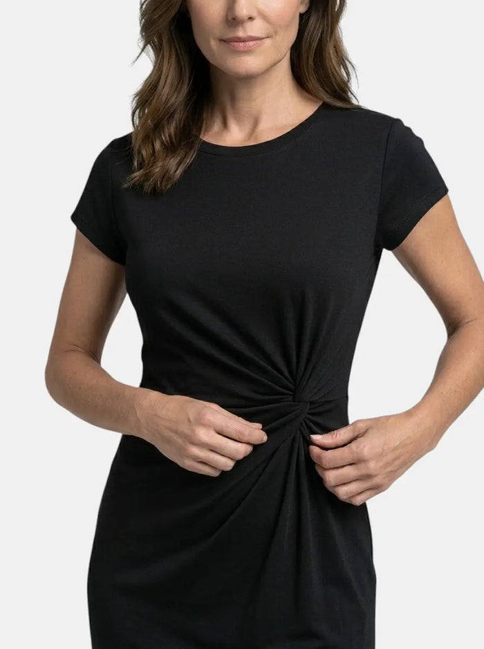 Women's rich fabric bodycon midi dress with elegant sculpted wrap design, perfect for formal occasions.