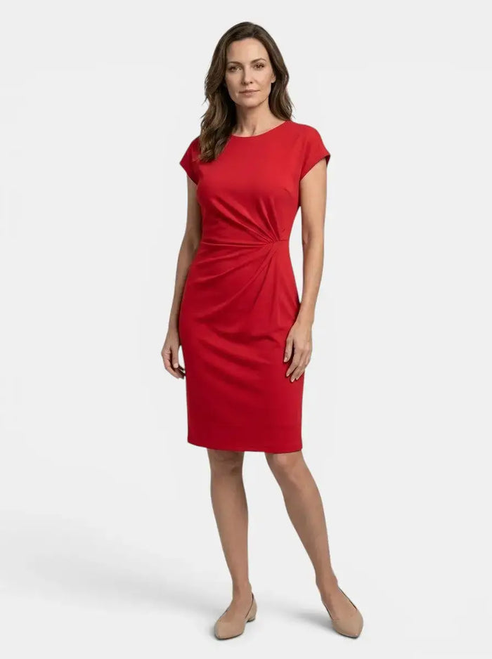 Women's rich fabric bodycon midi dress with elegant sculpted wrap design, perfect for formal occasions.