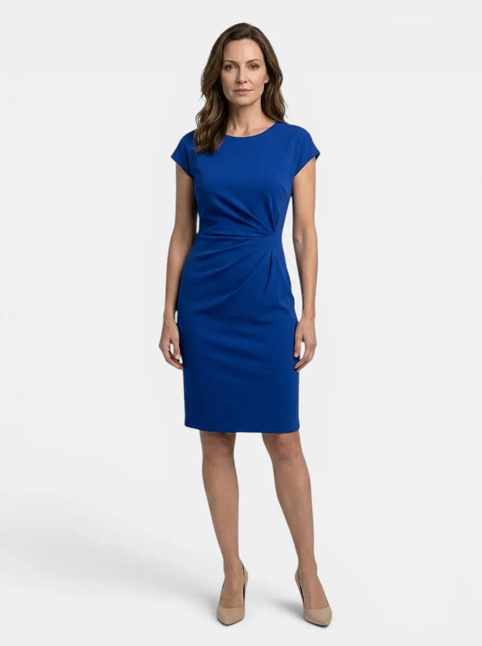 Women's rich fabric bodycon midi dress with an elegant sculpted wrap design, perfect for formal occasions.