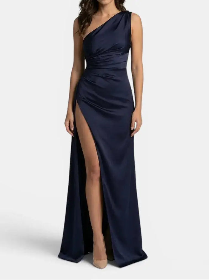 Elegant women's satin asymmetric evening maxi dress with one-shoulder design, featuring a flowing silhouette for formal occasions.
