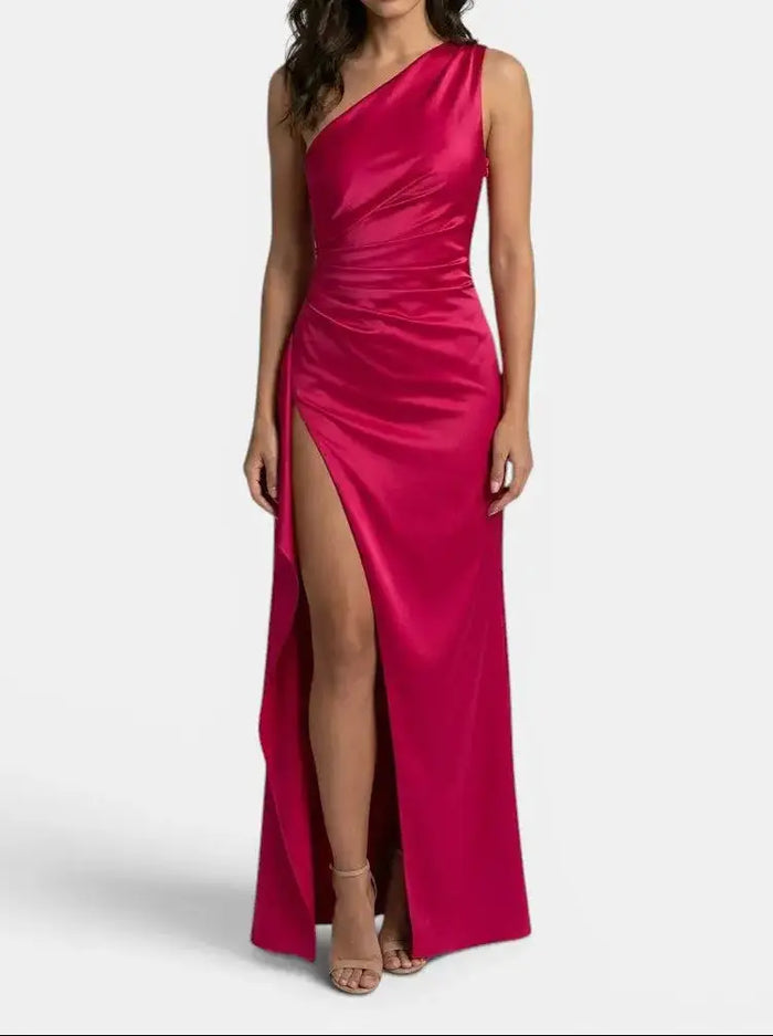 Women’s satin asymmetric evening maxi dress with one-shoulder design, elegant formal gown in luxurious fabric, black color.