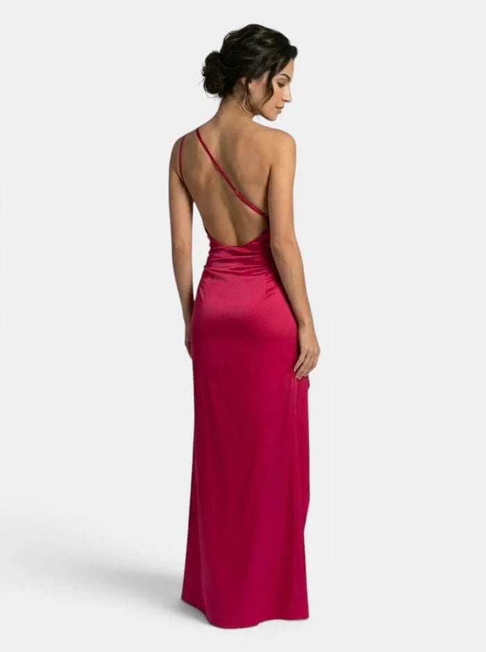 Elegant women's satin asymmetric evening maxi dress with one-shoulder design, featuring a flowing silhouette and formal style.