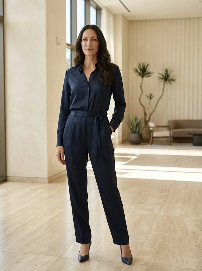 Women's satin blend long sleeve blouse with relaxed fit, elegant design, suitable for all seasons, by LondonLaneStore.