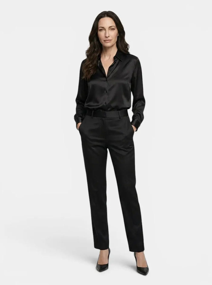 Women's satin blend long sleeve blouse with relaxed fit, elegant style, and versatile design for all seasons.