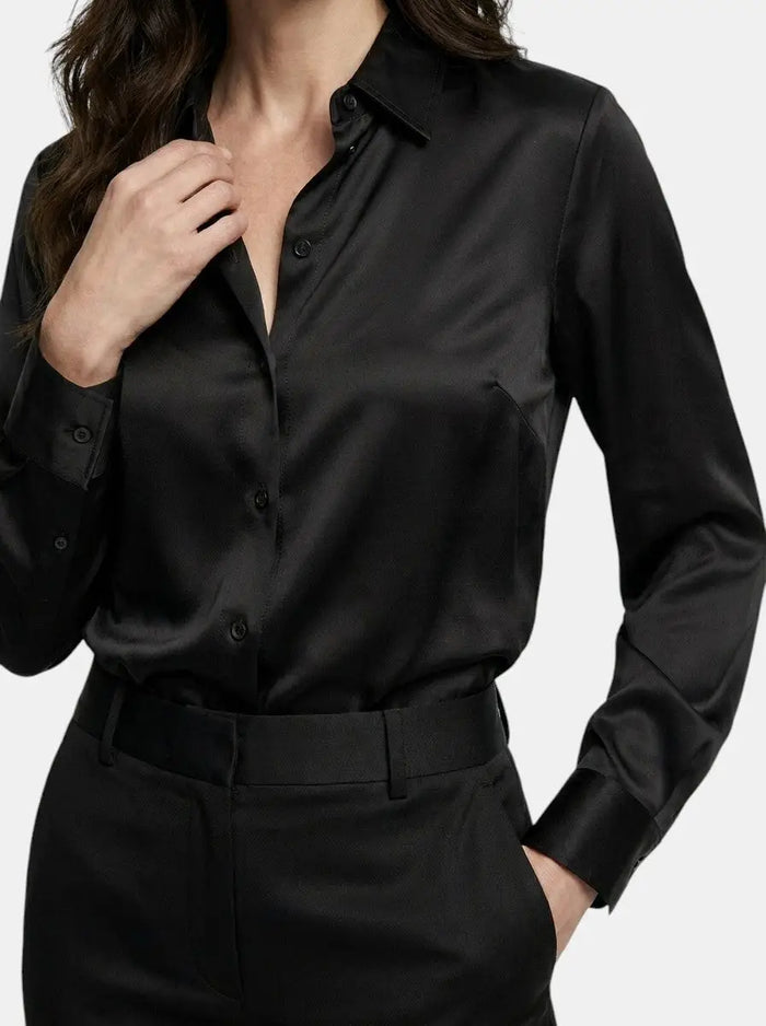 Women's satin blend long sleeve blouse by LondonLaneStore, elegant relaxed fit top with a soft sheen, suitable for all seasons.