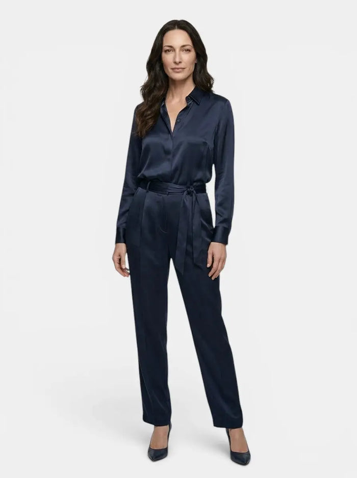 Women's satin blend long sleeve blouse by LondonLaneStore, elegant relaxed fit top perfect for all seasons, shown in a natural pose.