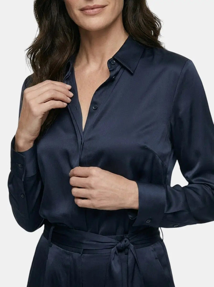 Women's satin blend long sleeve blouse with a relaxed fit, elegant design, perfect for all seasons, by LondonLaneStore.