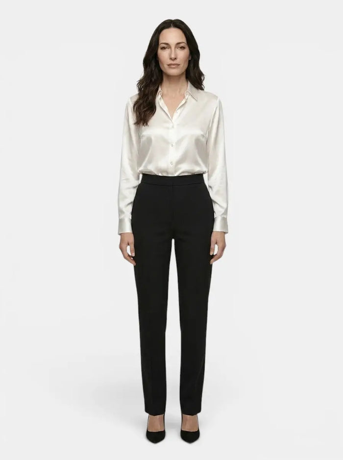 Women's satin blend long sleeve blouse with elegant relaxed fit, perfect for all seasons, by LondonLaneStore.