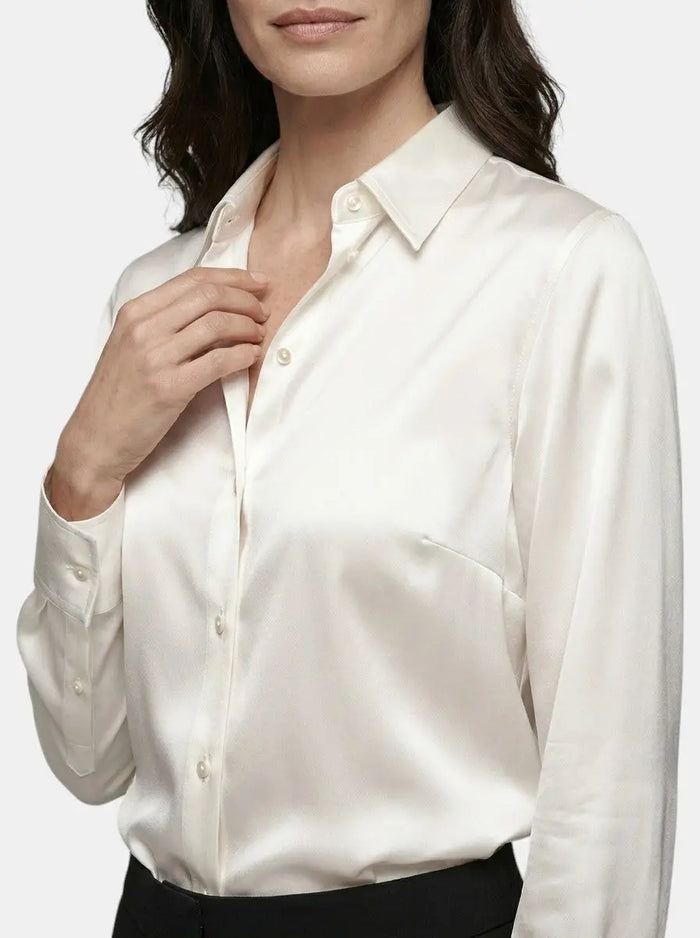 Women's satin blend long sleeve blouse by LondonLaneStore, elegant relaxed fit top suitable for all seasons, shown on a model.