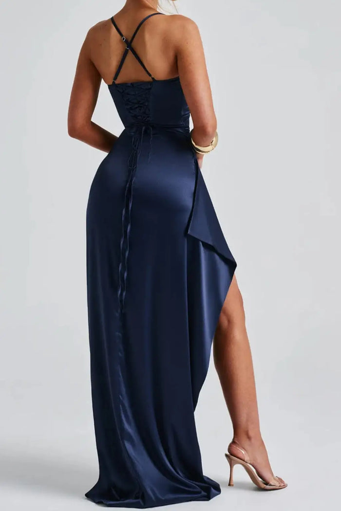 Women’s satin maxi dress with ruched design and high slit, elegant evening gown by LondonLaneStore.