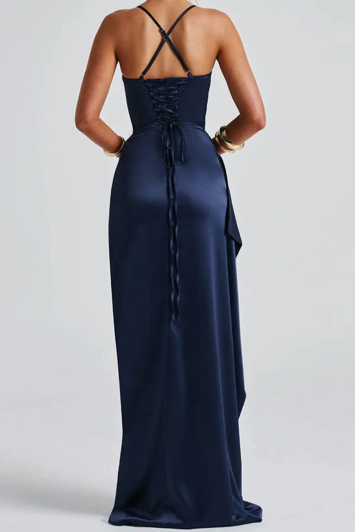 Elegant women's satin maxi dress with ruched bodice and high slit, perfect for evening occasions from LondonLaneStore.