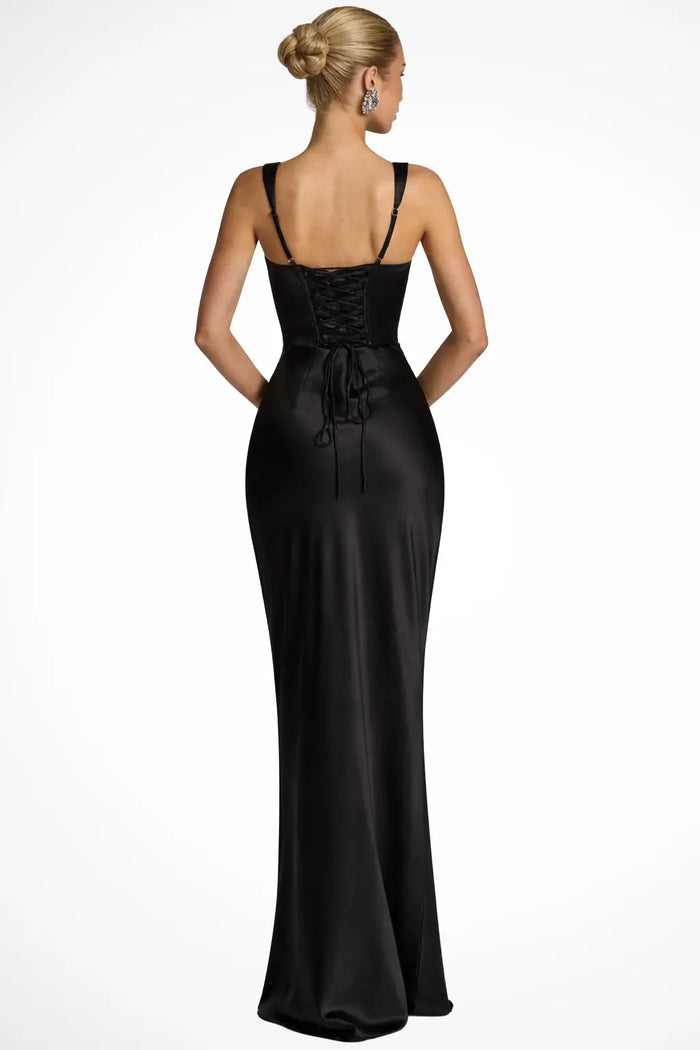 Women's satin maxi dress with structured square neckline and ruched design, stylish evening dress by LondonLaneStore.