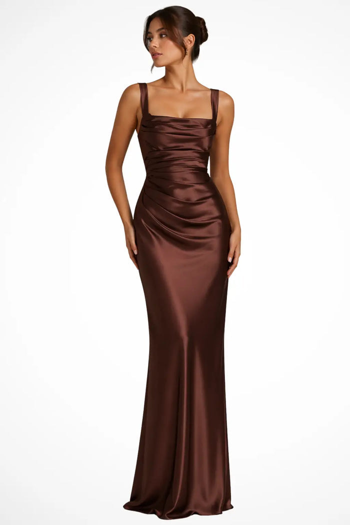 Women’s satin maxi dress featuring a structured square neckline and ruched design, stylish and elegant for special occasions.