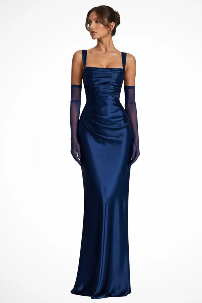 Women’s satin maxi dress with structured square neckline and ruched design, stylish and elegant from LondonLaneStore.