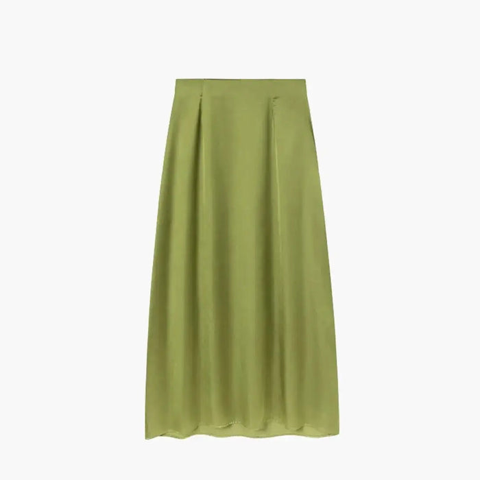 Elegant high-waisted women's satin maxi skirt with a floor-length design, featuring a smooth, flowing fabric and sophisticated style.