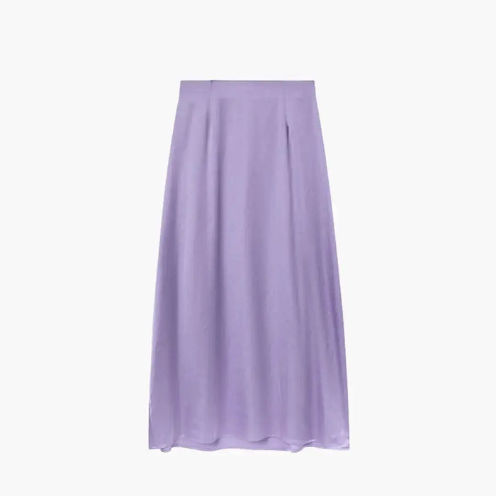 Elegant high-waisted satin maxi skirt for women, floor-length design with a smooth, flowing fabric ideal for stylish occasions.