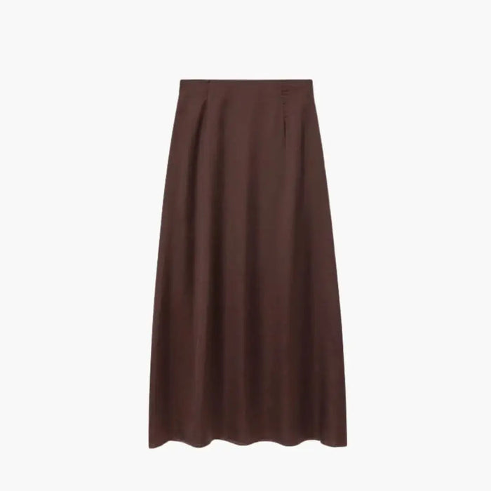 High-waisted women's satin maxi skirt with elegant floor-length design, showcasing smooth fabric and flowing silhouette.