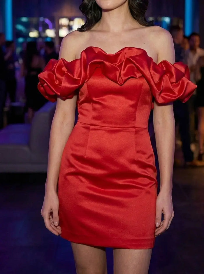 Elegant women's satin off-shoulder mini dress with ruffles, perfect for summer cocktail wear by LondonLaneStore.