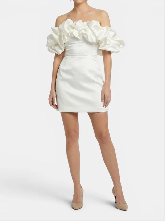 Women's satin off-shoulder mini dress with ruffled details, perfect for elegant summer cocktail wear.